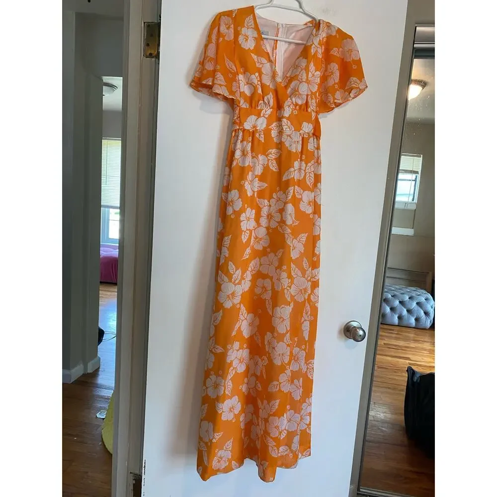Vtg Andrade Honolulu Hawaiian maxi dress flutter sleeve hibiscus print S 60s 70s